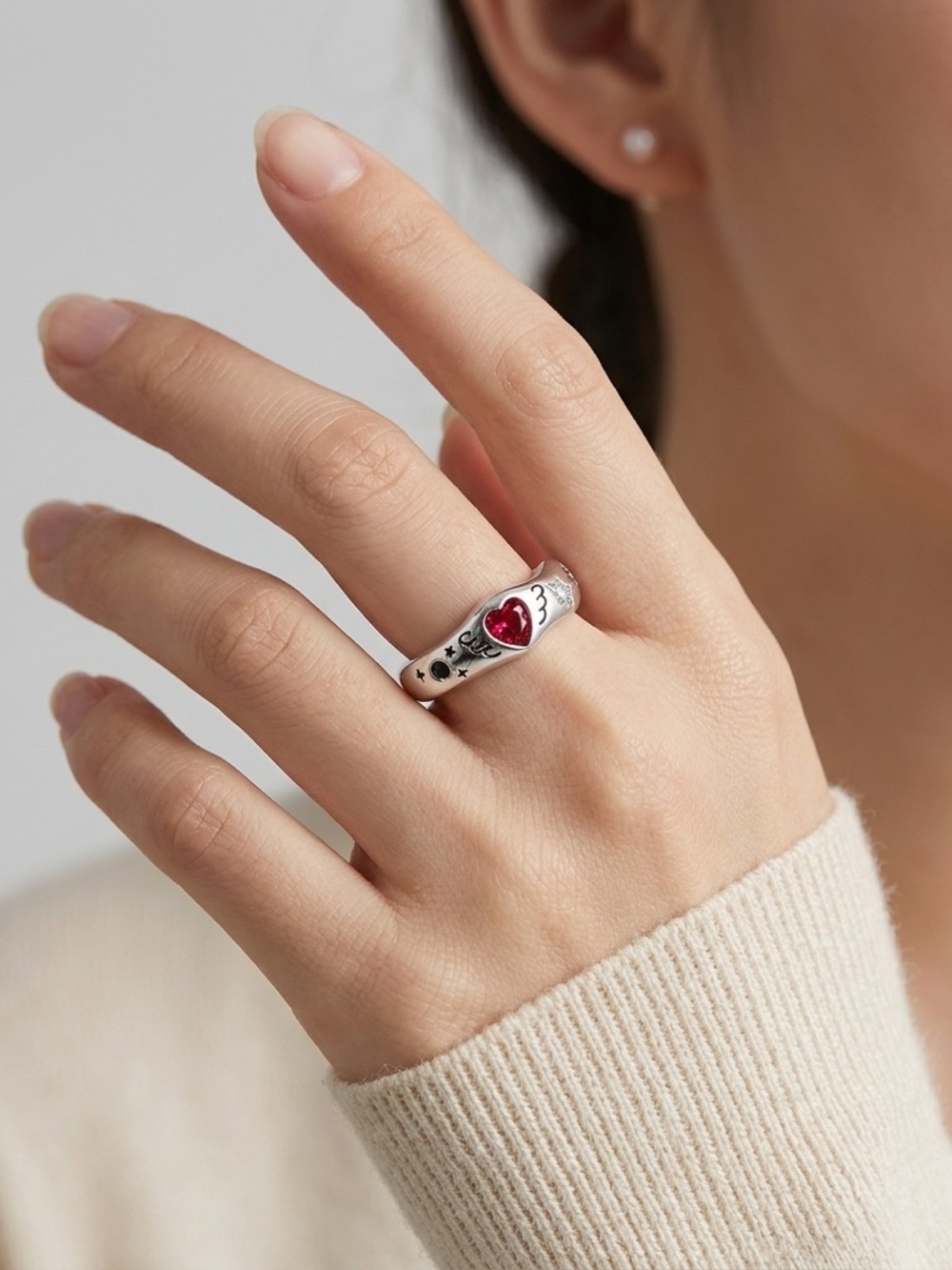 925 Sterling Silver Heart Wing Adjustable Ring with Pink Crystal Accent - Picture 3 of 4